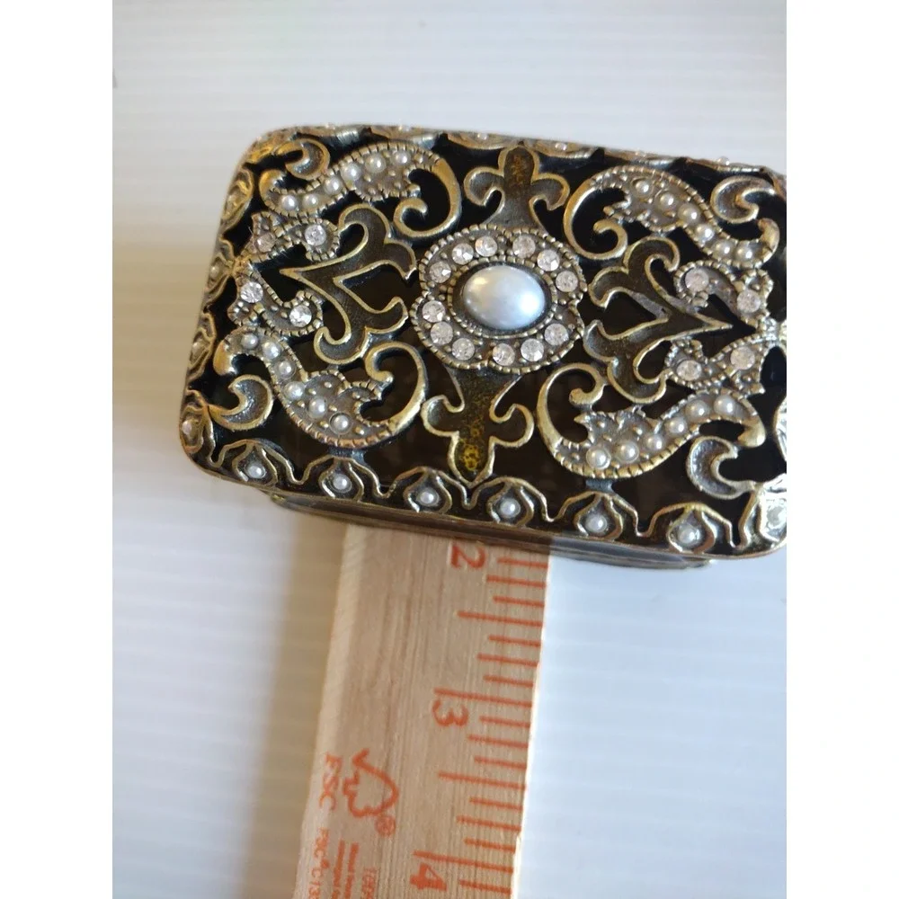 Vintage Heirloom Brass Box Enamel Embellished Treasure Trinket Box Collectible‎